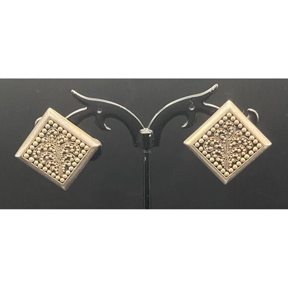 Vintage Lois Hill .925 Sterling Silver Square Clip-On Earrings Ornate Designer - Picture 1 of 10